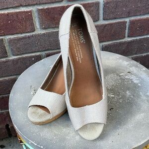 TOMS Beige Canvas Peep-Toe Wedge Flats